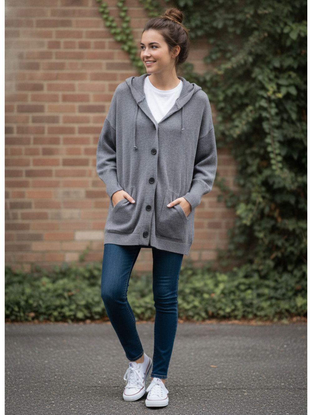 Cozy Gray Linen/Wool Button-Up Hooded Cardigan Sweater XL